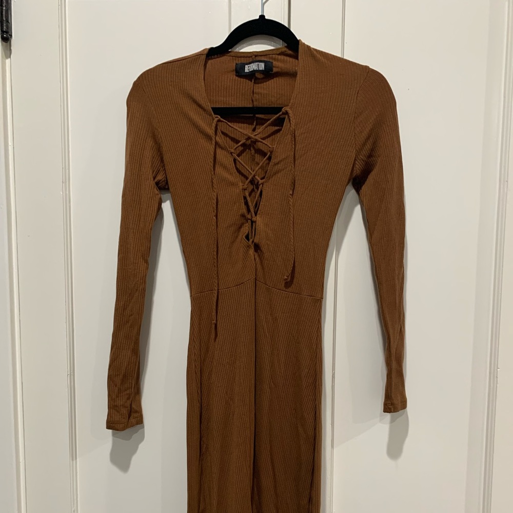 Reformation Long Sleeve Edison Ribbed Midi Dress Cocoa Brown Small